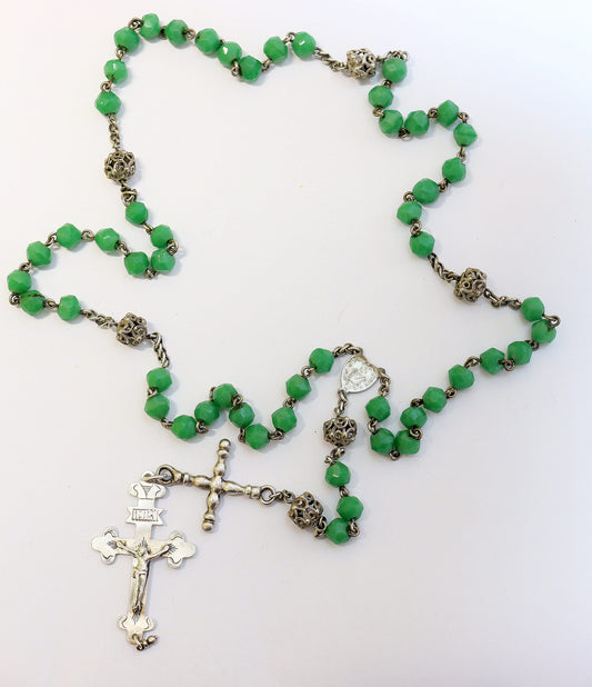 Early 20th Cent. Antique Sterling & Green Agate German Chain Rosary XX Rarity