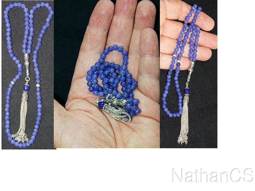 Islamic Prayer Beads Tesbih Gebetskette Genuine Sapphire and Sterling -99 Beads