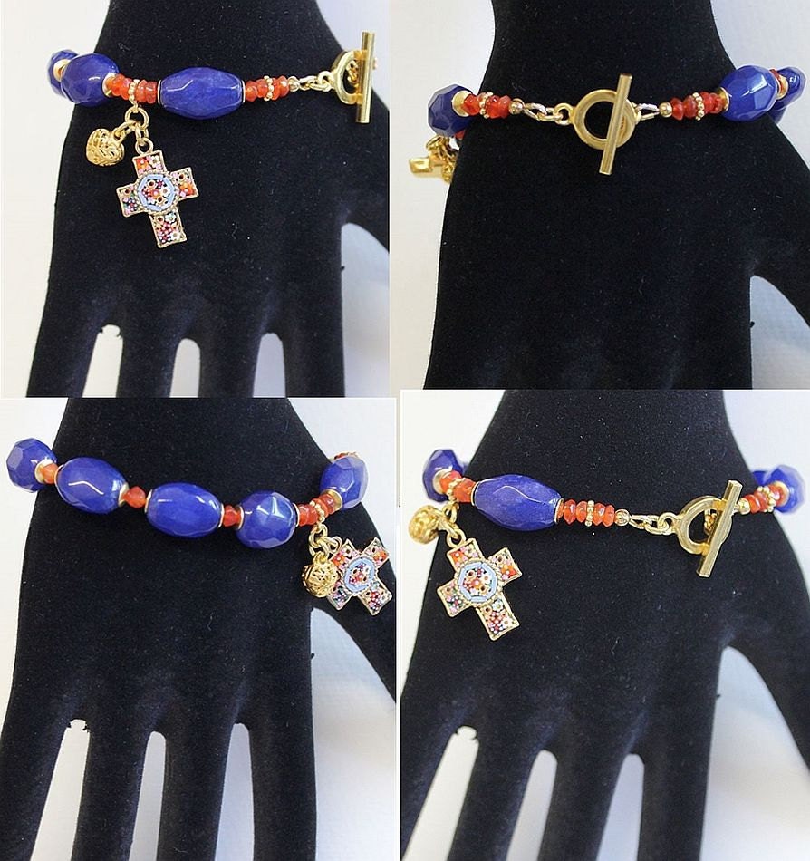 Anglican Rosary Bracelet Faceted Genuine Sapphire & Carnelian, Vermeil, Micromosaic Vintage Cross