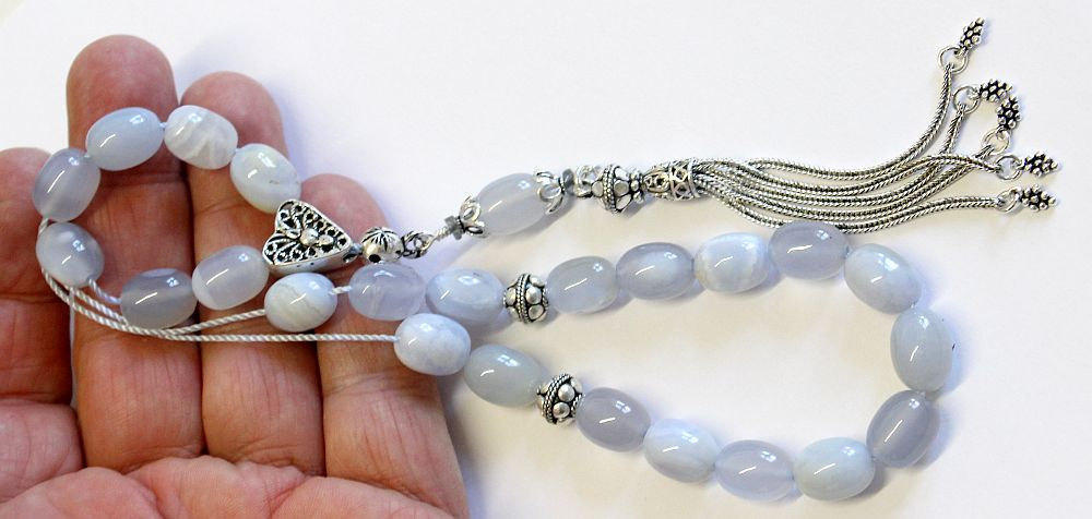 Greek Komboloi Barrel Aquamarine & heavy Sterling Silver - Rare, collectible