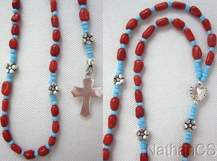 Mini Catholic Rosary Red Coral, Turquoise & Sterling Silver