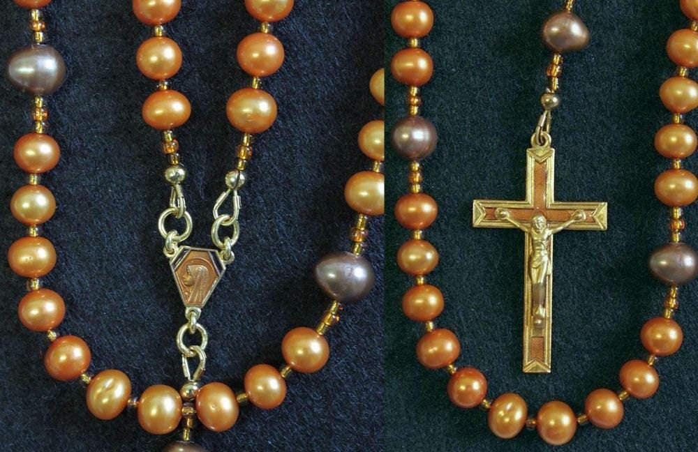 Catholic Rosay Prayer Beads Golden Copper Fresh Water Pearls