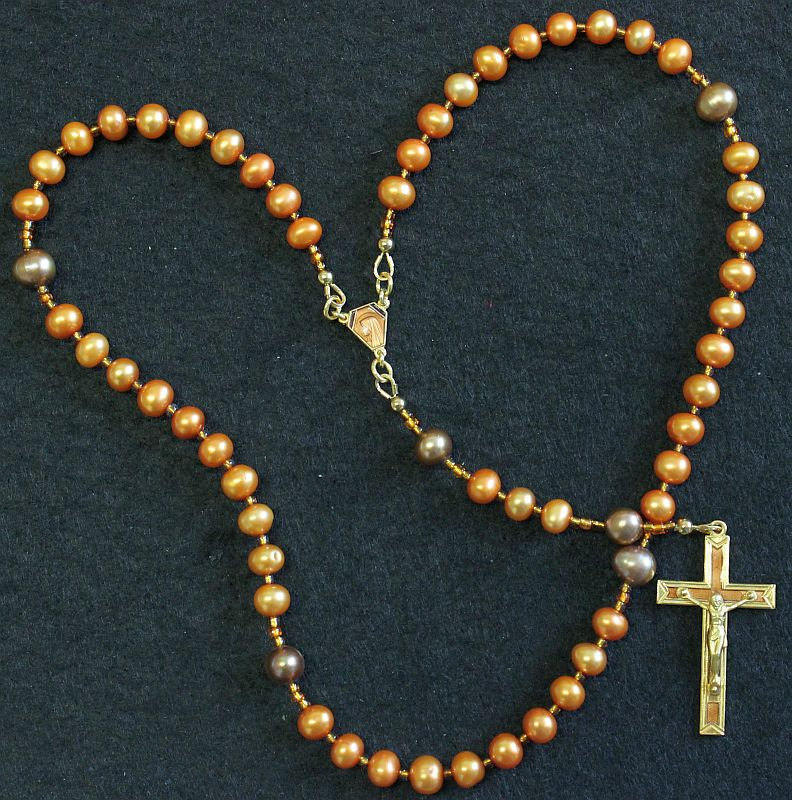 Catholic Rosay Prayer Beads Golden Copper Fresh Water Pearls