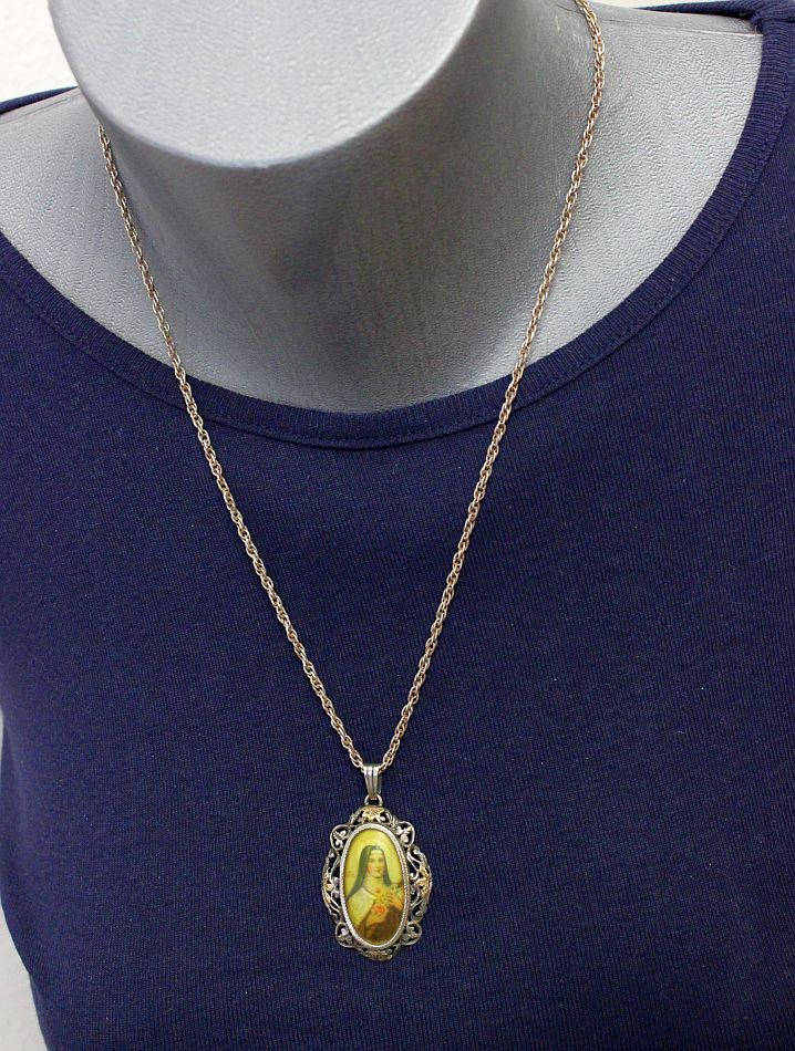 XIXth Century Gold and Sterling Medal Pendant of Hand Painted Miniature of St. Therese with Sterling Chain - EXCEPTIONAL