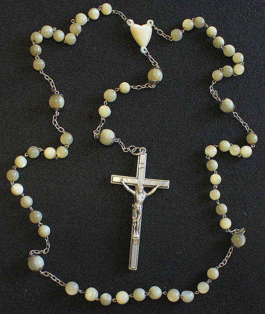 Early 20th Century Plain Mother of Pearl and Sterling Silver Catholic Rosary w Impressive Sterling Cross