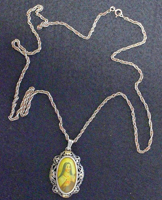 XIXth Century Gold and Sterling Medal Pendant of Hand Painted Miniature of St. Therese with Sterling Chain - EXCEPTIONAL