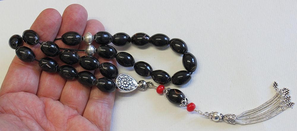 Greek Komboloi Worry Beads Black and Red Coral with Sterling Silver