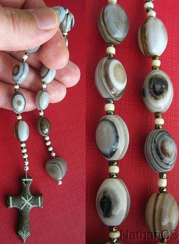 Catholic Open Chaplet Botswana Agate & Serpentine Hand Made Cross