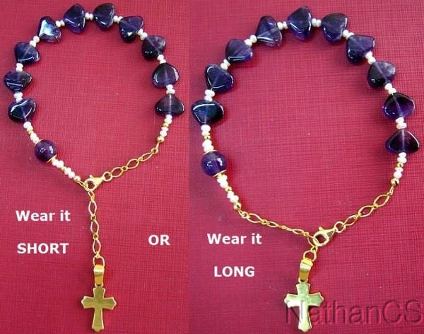Catholic Rosary Bracelet Amethyst Heart Beads, Pearls & Vermeil