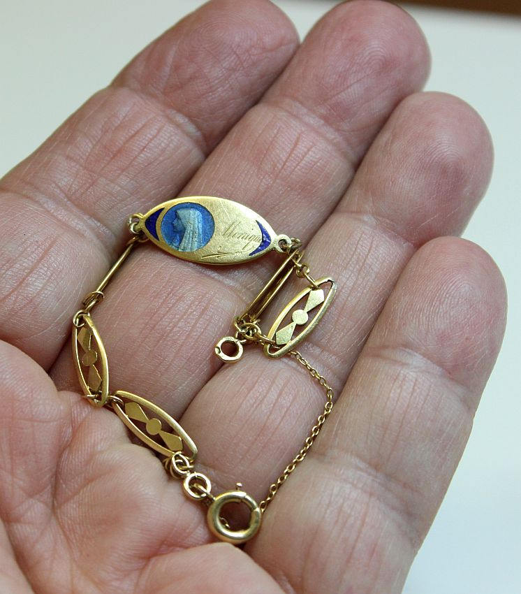 1930’s Communion 18 K Solid Gold Bracelet with Blue Enamel Medal - Unique & Charming