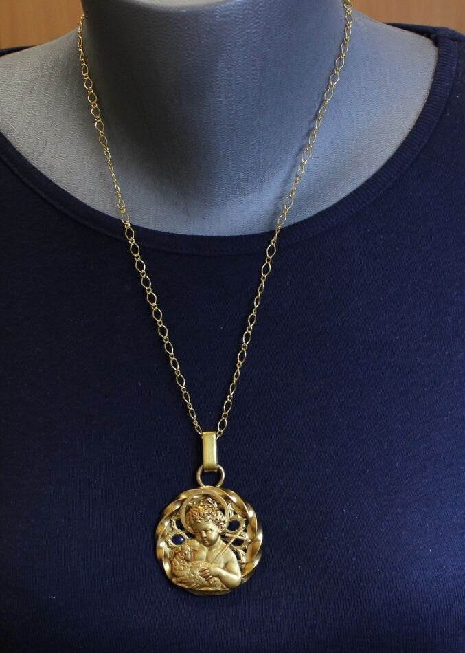 Vintage Gold Plated Plique-à-Jour V. Large Agnus Dei Pendant Signed Augis w Chain