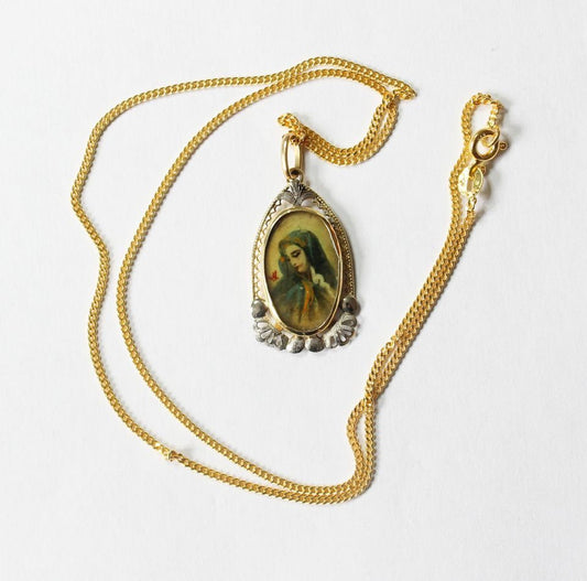 XIXth Century Yellow and White Gold Medal Pendant  Hand Painted Miniature of Mary with Vermeil Chain - Unique and XXR