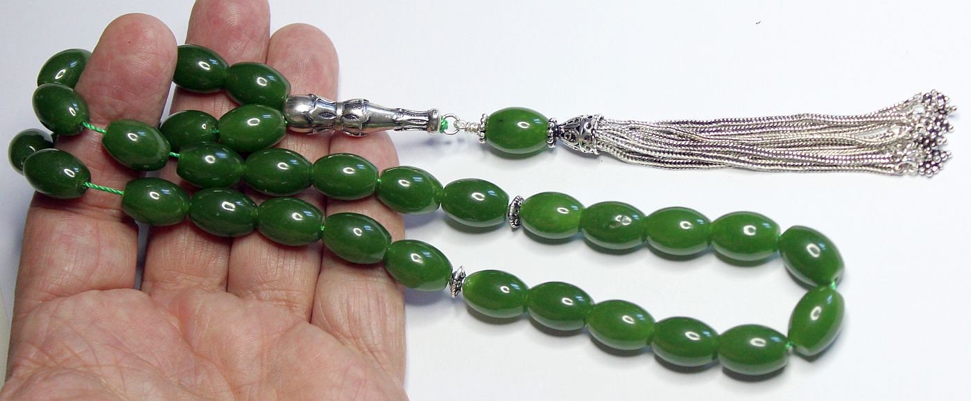 Luxury Prayer Worry Beads Tesbih Komboloi Genuine Oval Emeralds & Stering Silver - Top Quality - Collector's
