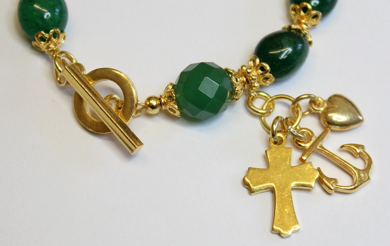Catholic Rosary Bracelet Oval Genuine Emerald Beads, Vermeil Cross, Heart & Anchor