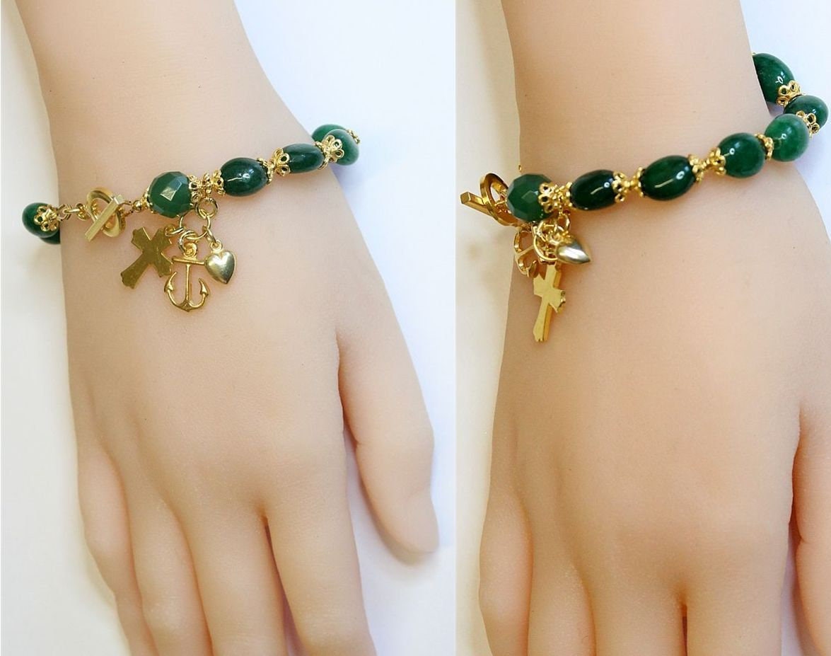 Catholic Rosary Bracelet Oval Genuine Emerald Beads, Vermeil Cross, Heart & Anchor