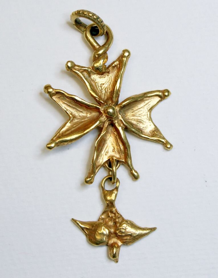 Gold Plated Huguenot Cross Stylized Pendant 1970's Signed by Artist w Chain - XX Rare