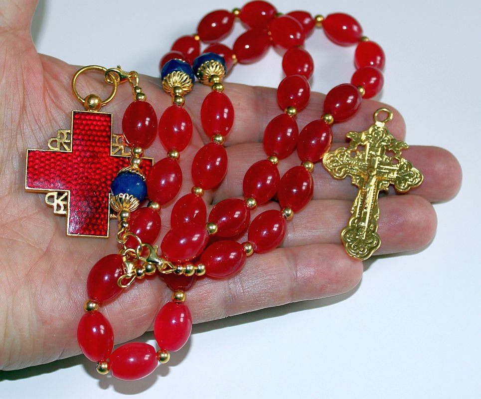 5 Way Wearable Beaded Chotki Komboskini ORTHODOX Rosary w Rubillite, Sapphires & 2 Crosses