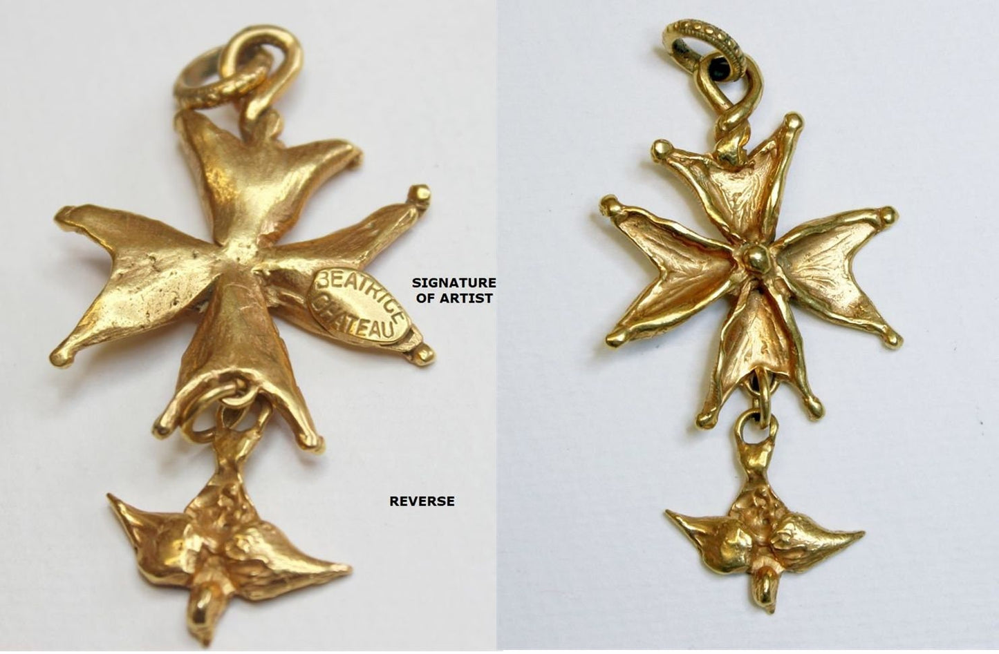 Gold Plated Huguenot Cross Stylized Pendant 1970's Signed by Artist w Chain - XX Rare