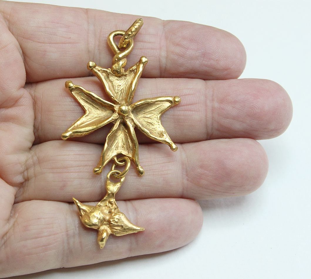 Gold Plated Huguenot Cross Stylized Pendant 1970's Signed by Artist w Chain - XX Rare