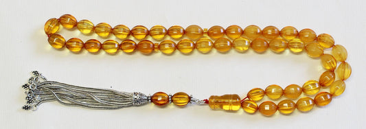 Worry Beads Baltic Gold Carved Genuine Amber - 45 Beads - Sterling Tassel - UNIQUE COLLECTOR
