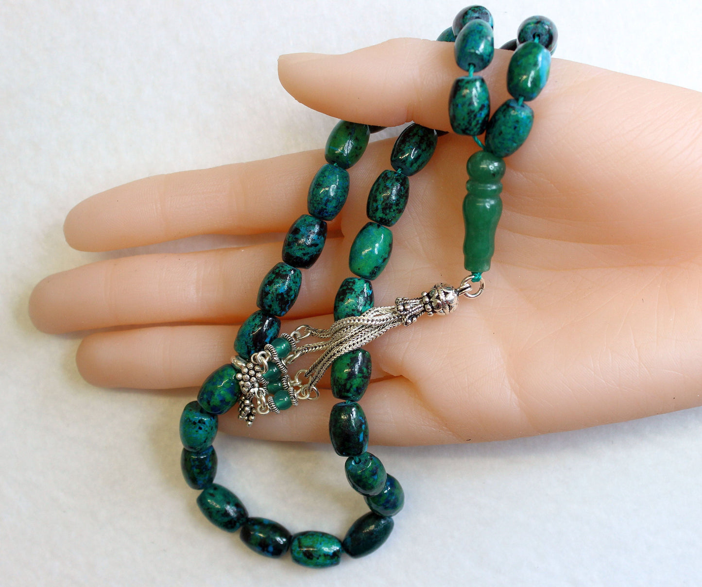 Prayer Beads Tesbih Gebetskette OVAL CHRISOCOLLA & Sterling Silver