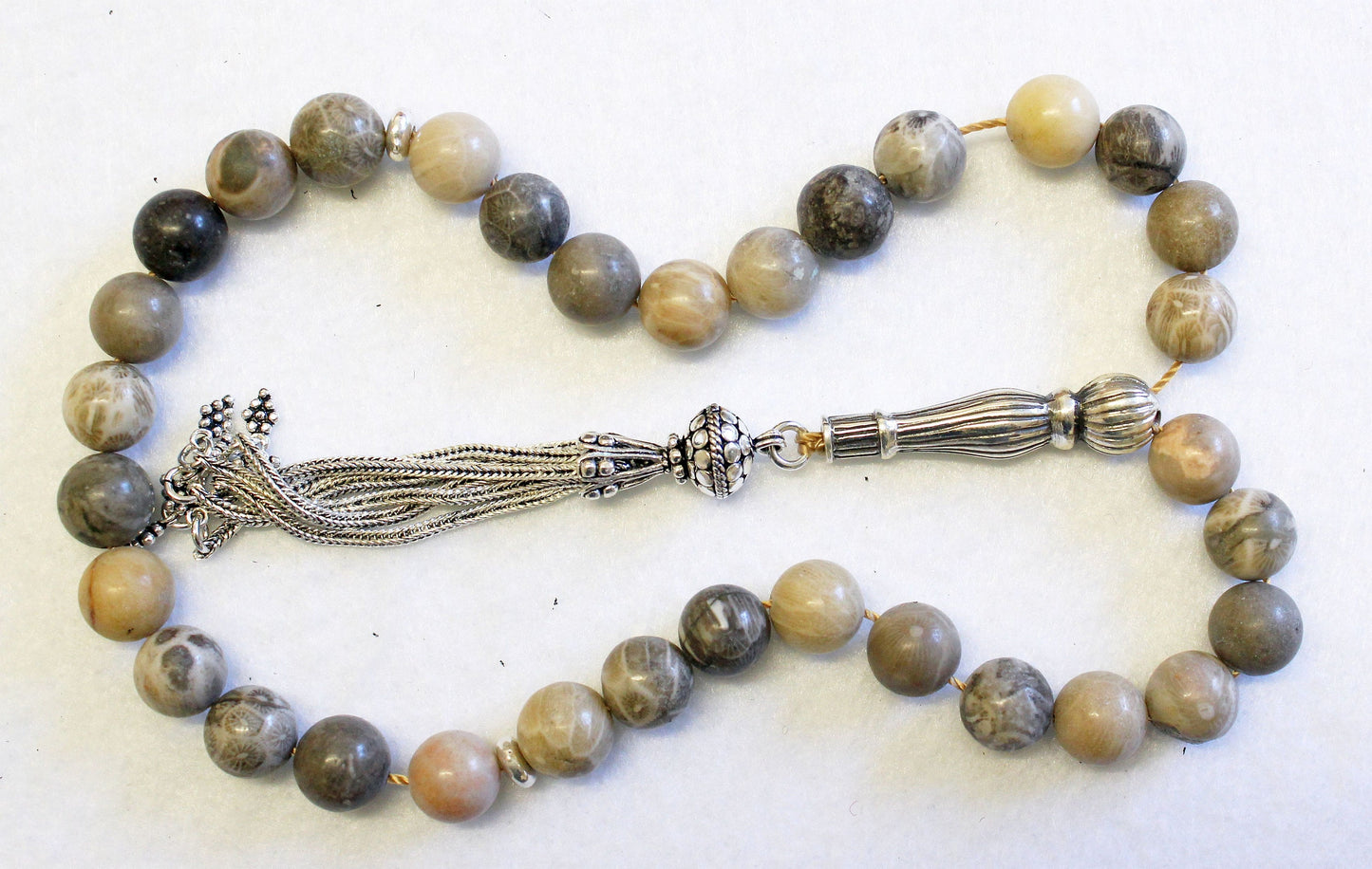 Prayer Beads Tesbih Gebetskette Fossil Coral and Sterling Silver - Collector's item