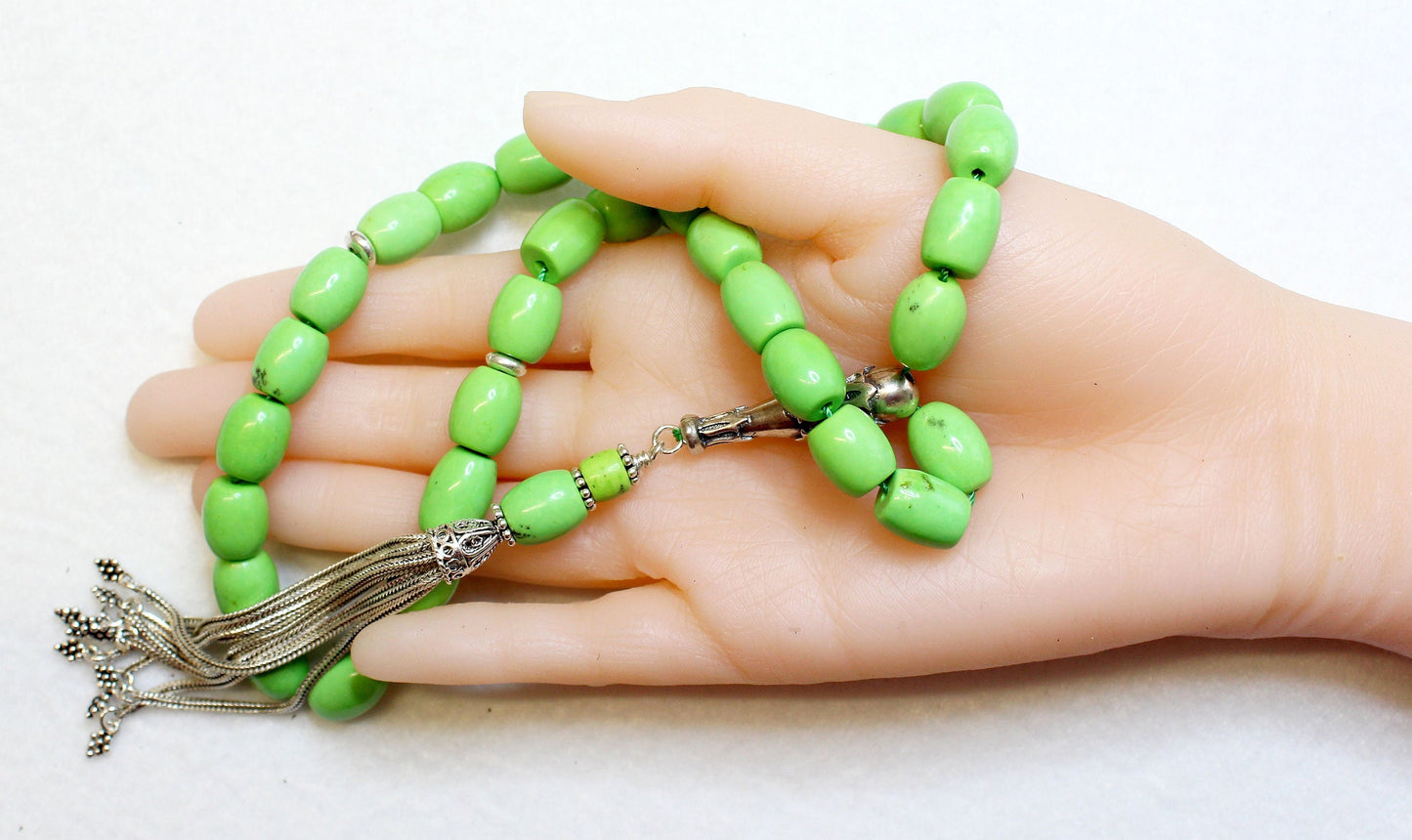 Lime Turquoise Prayer Beads: Sterling Silver Tassel Tesbih
