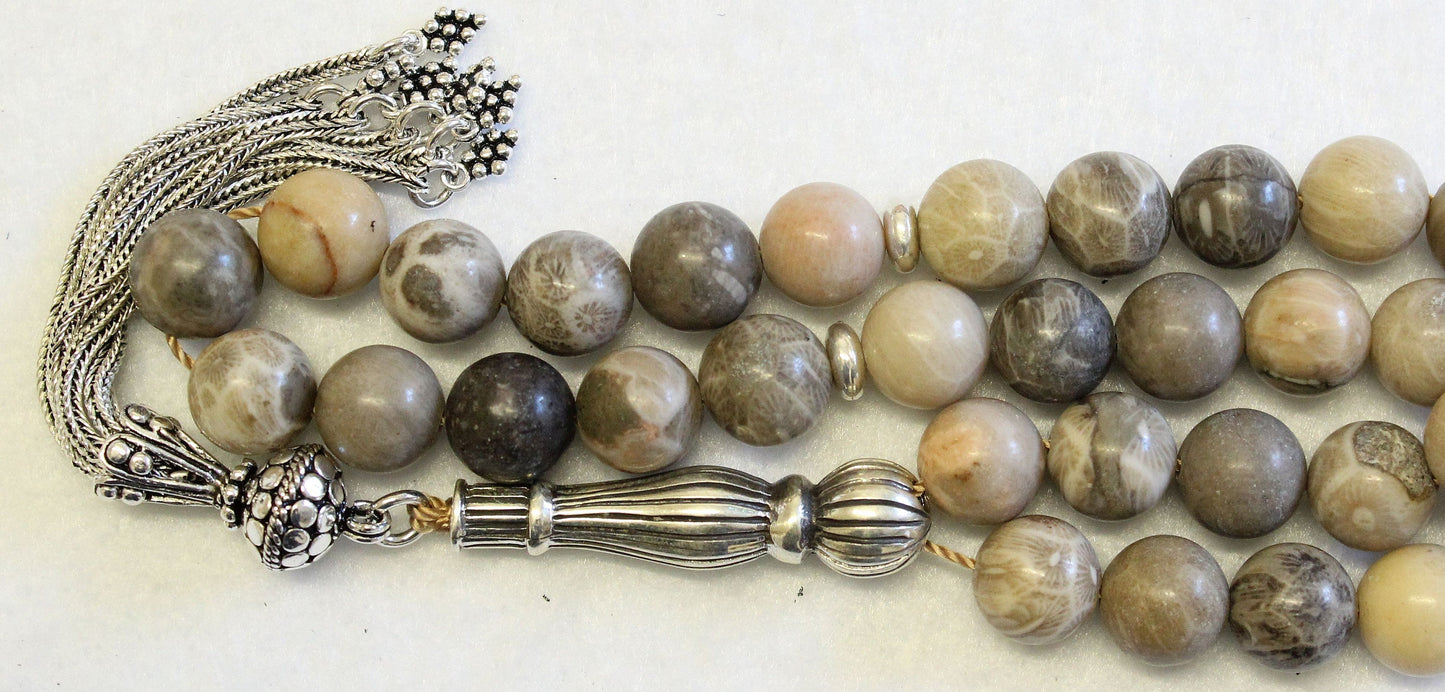 Prayer Beads Tesbih Gebetskette Fossil Coral and Sterling Silver - Collector's item