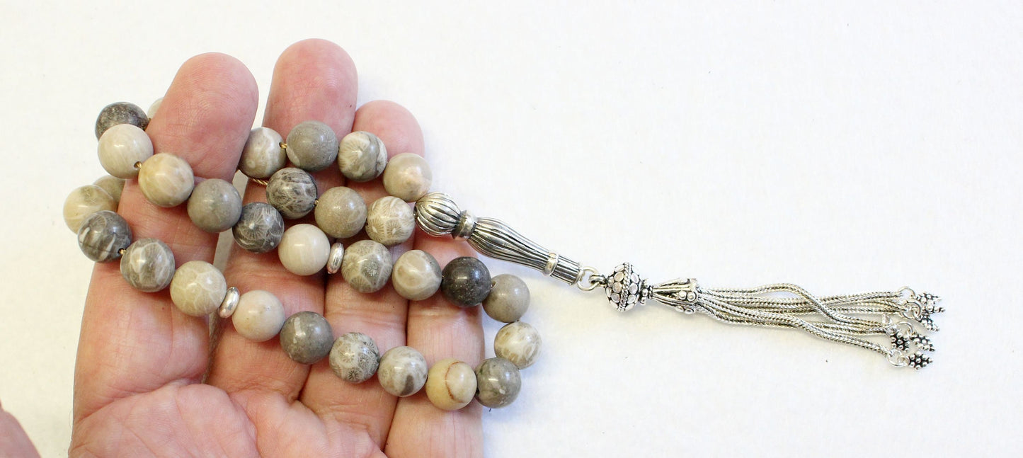 Prayer Beads Tesbih Gebetskette Fossil Coral and Sterling Silver - Collector's item