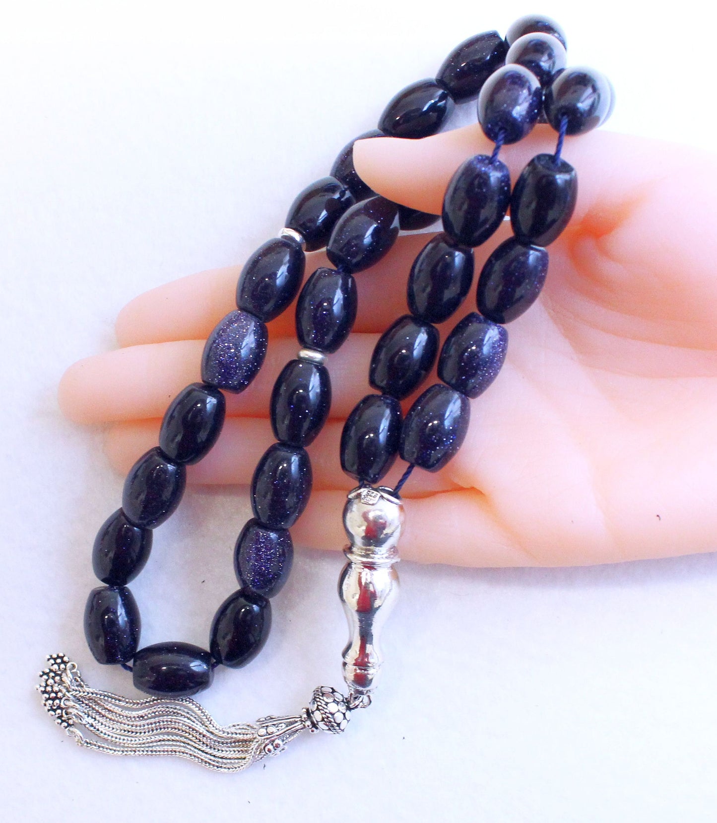 Luxury Prayer Beads Tesbih Large Oval Blue Goldstone & Sterling - Collector's