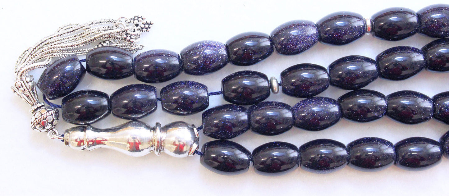 Luxury Prayer Beads Tesbih Large Oval Blue Goldstone & Sterling - Collector's