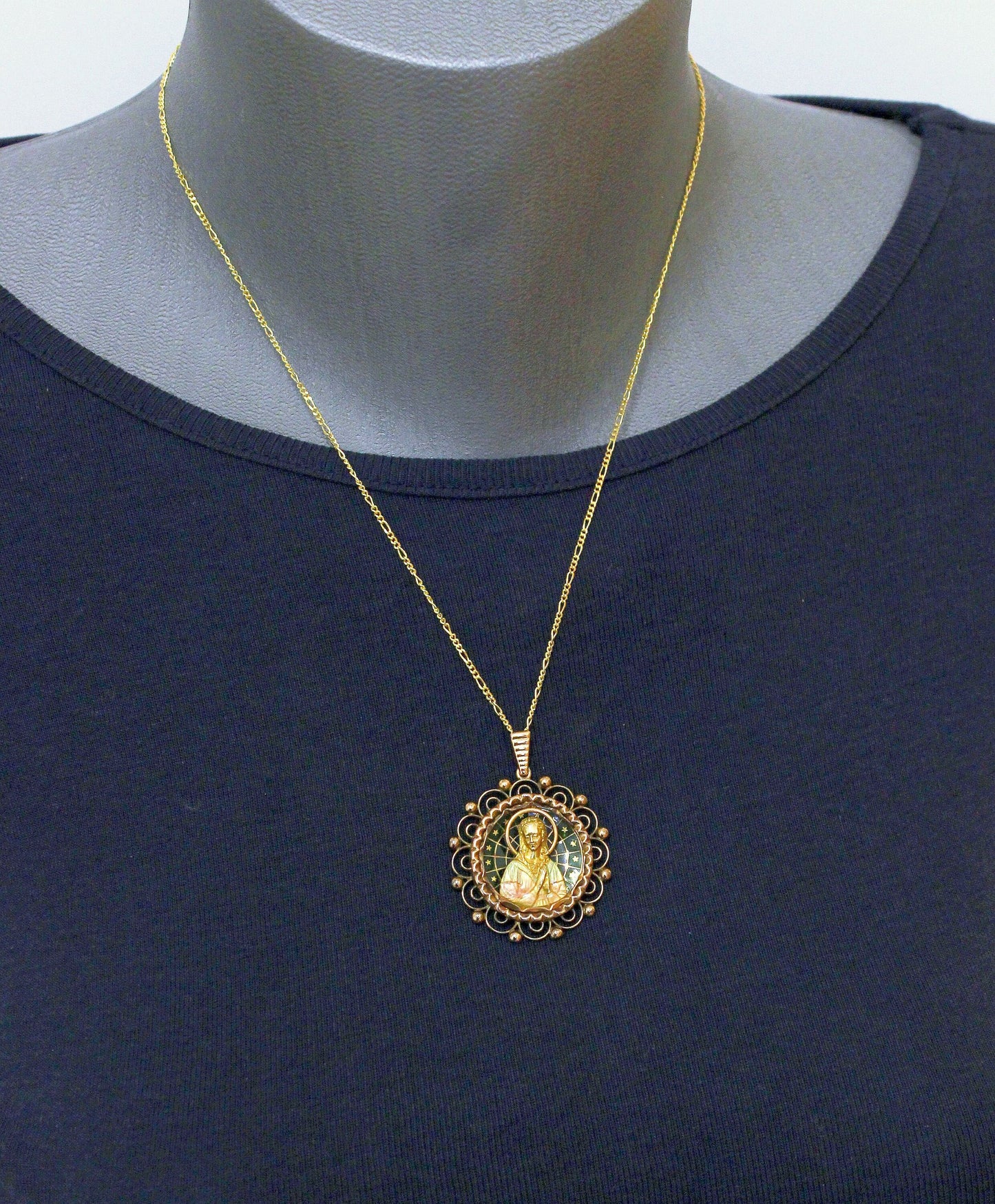 18 K Gold Plique-à-Jour Polychrome Enamel 1920's Virgin Medal w Chain XXR