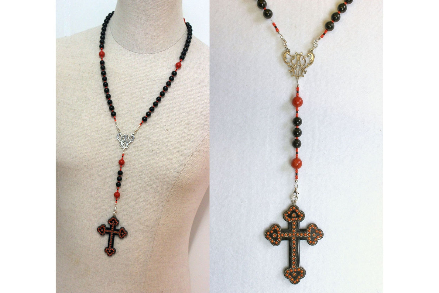 Catholic Rosary Jet, Sterling & Coral with Vintage Gutta Percha Studded Cross Rare Unique