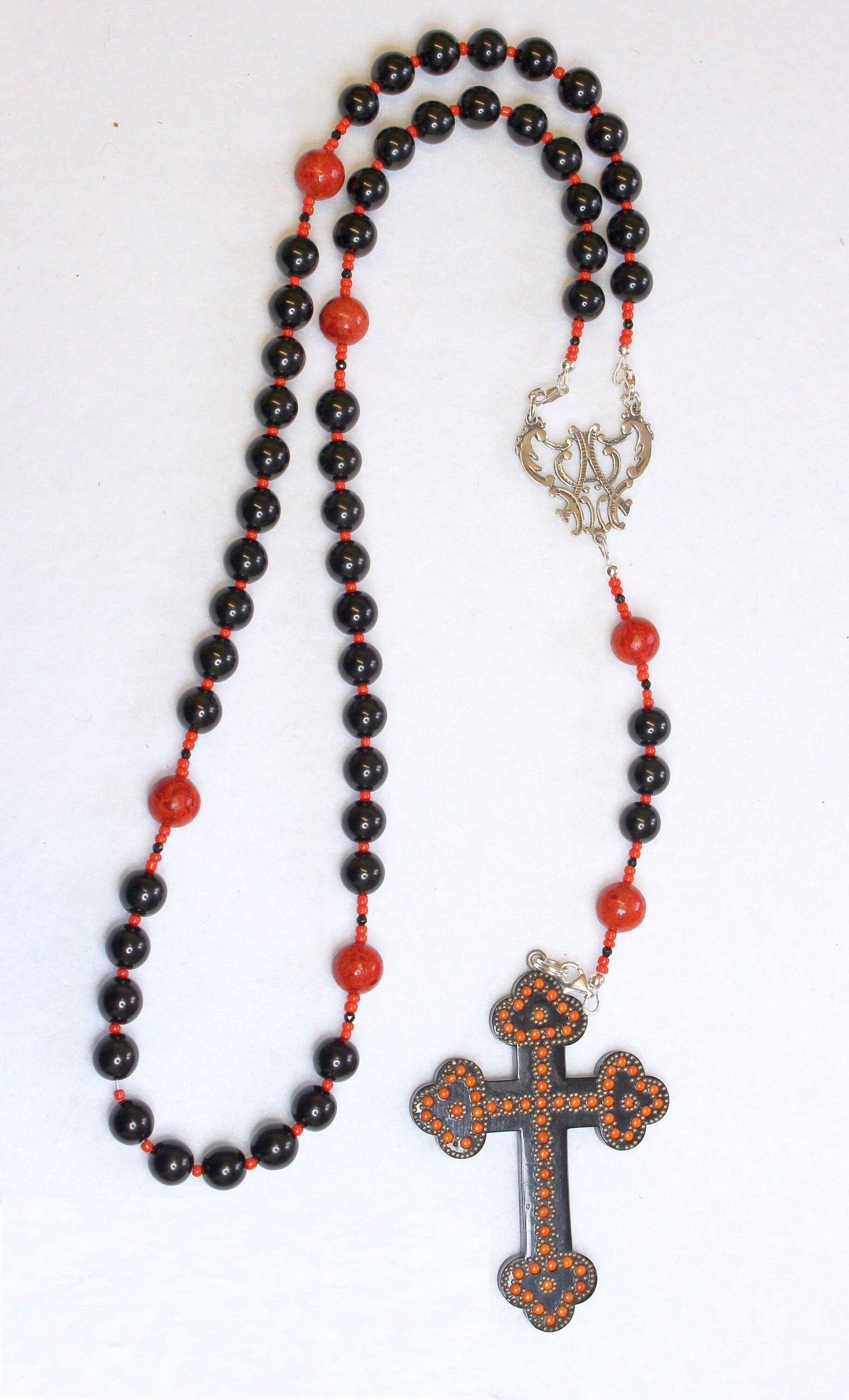 Catholic Rosary Jet, Sterling & Coral with Vintage Gutta Percha Studded Cross Rare Unique
