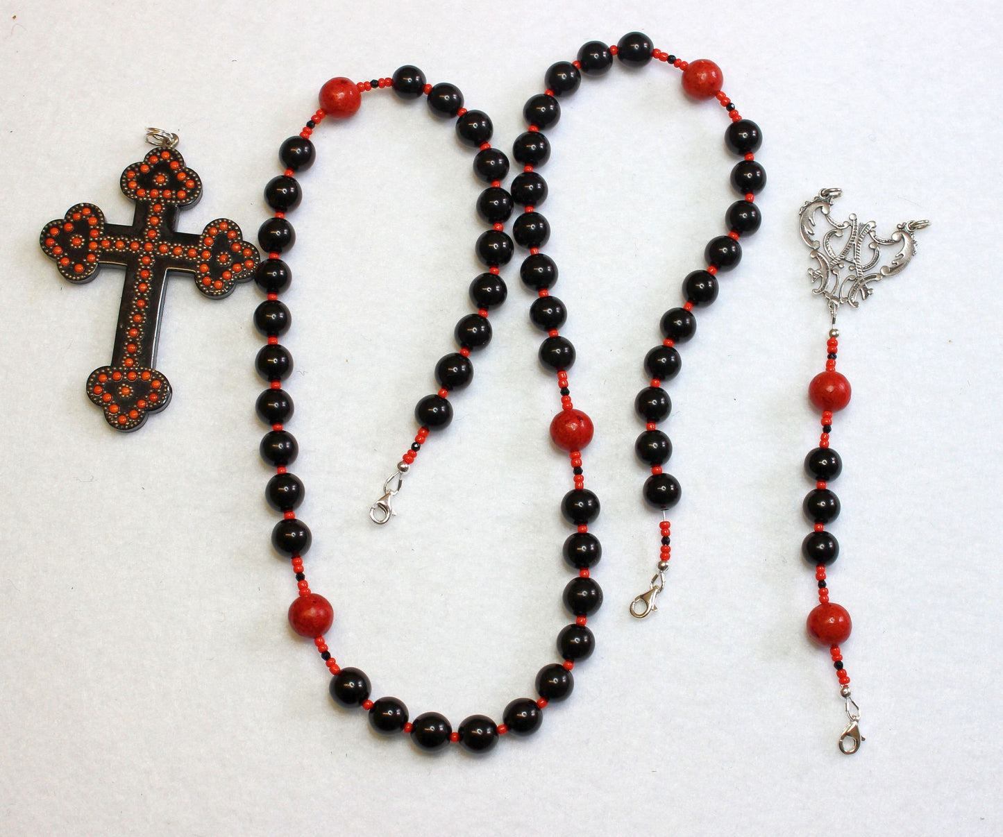 Catholic Rosary Jet, Sterling & Coral with Vintage Gutta Percha Studded Cross Rare Unique