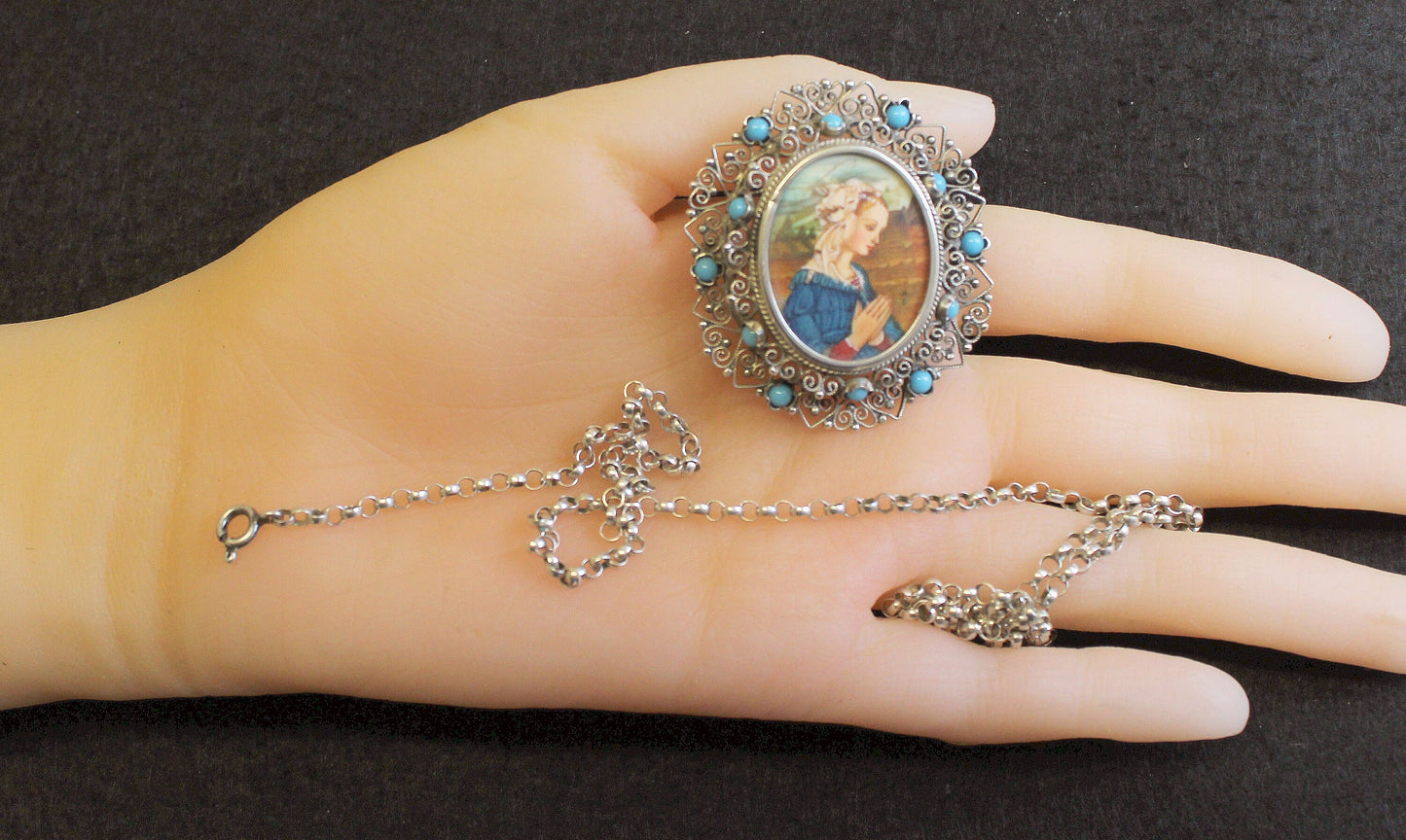 High Detail Miniature in 1950's Filigree w Turquoise Setting Dual Use Brooch & Pendant w Chain
