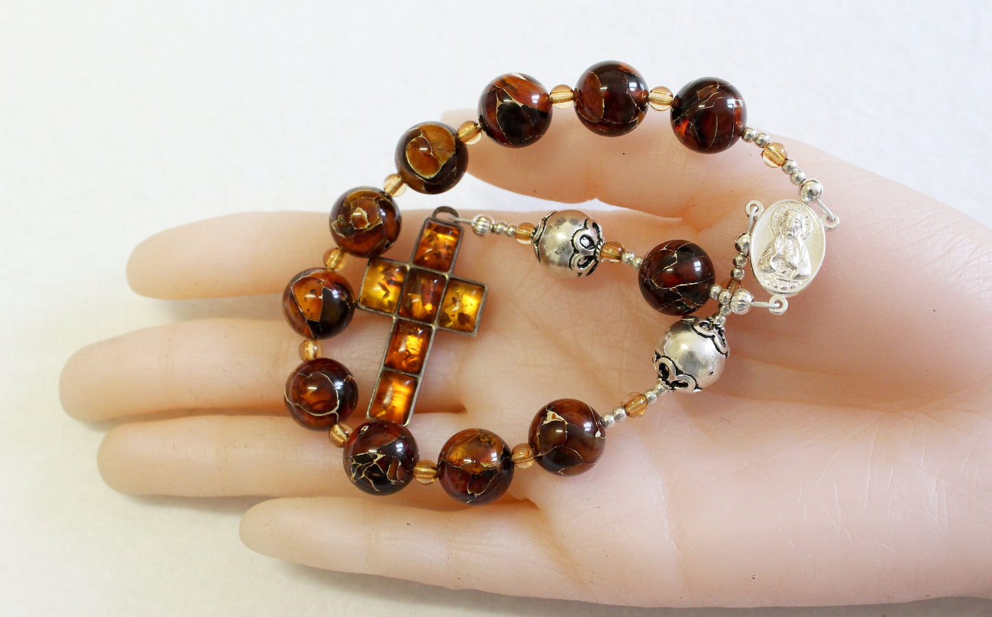 Catholic Travel Rosary Chaplet Vintage Cognac Baltic Amber and Sterling Silver