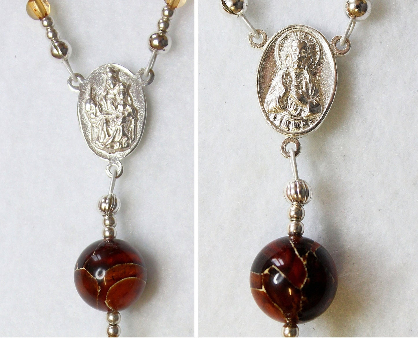Catholic Travel Rosary Chaplet Vintage Cognac Baltic Amber and Sterling Silver