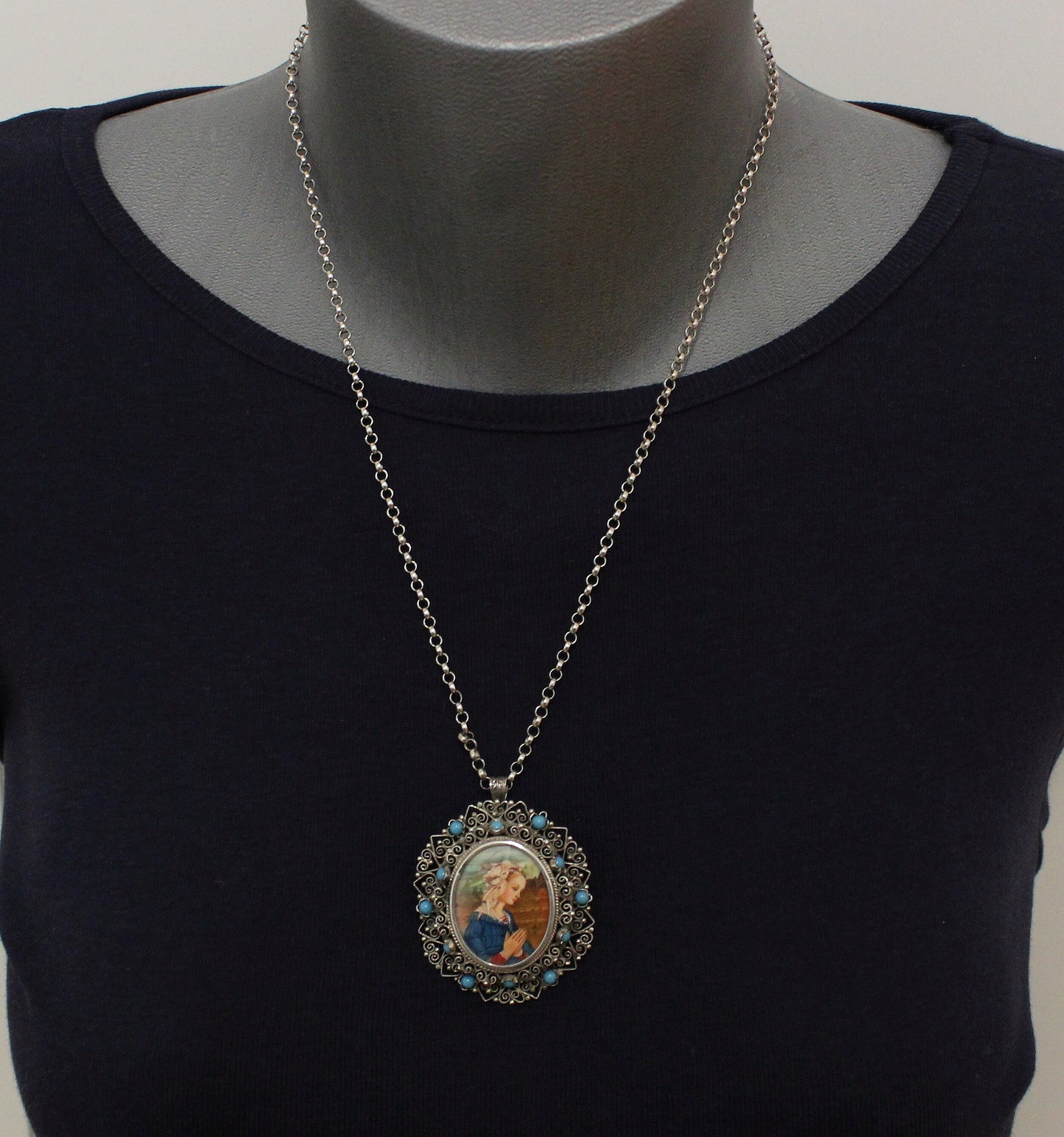 High Detail Miniature in 1950's Filigree w Turquoise Setting Dual Use Brooch & Pendant w Chain
