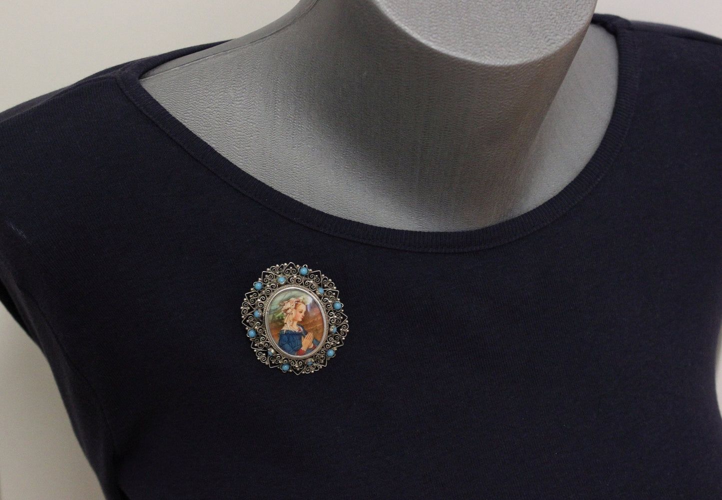 Virgin Mary Miniature Pendant Brooch: Filigree Sterling Silver, Turquoise, 1950s