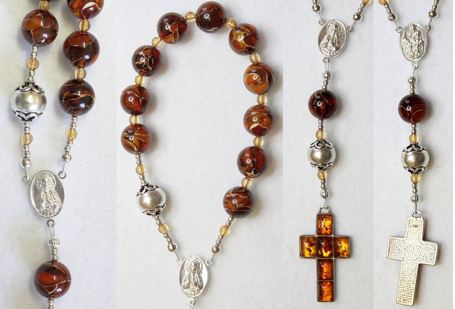Catholic Travel Rosary Chaplet Vintage Cognac Baltic Amber and Sterling Silver