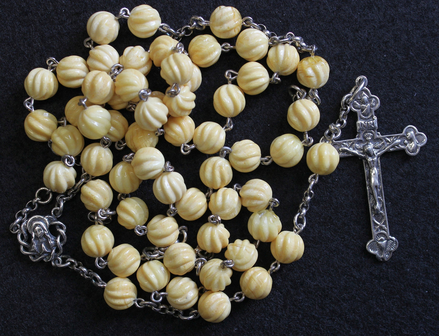 Vintage Catholic Rosary Carved Baltic Amber and Sterling in Leather & Sterling Box