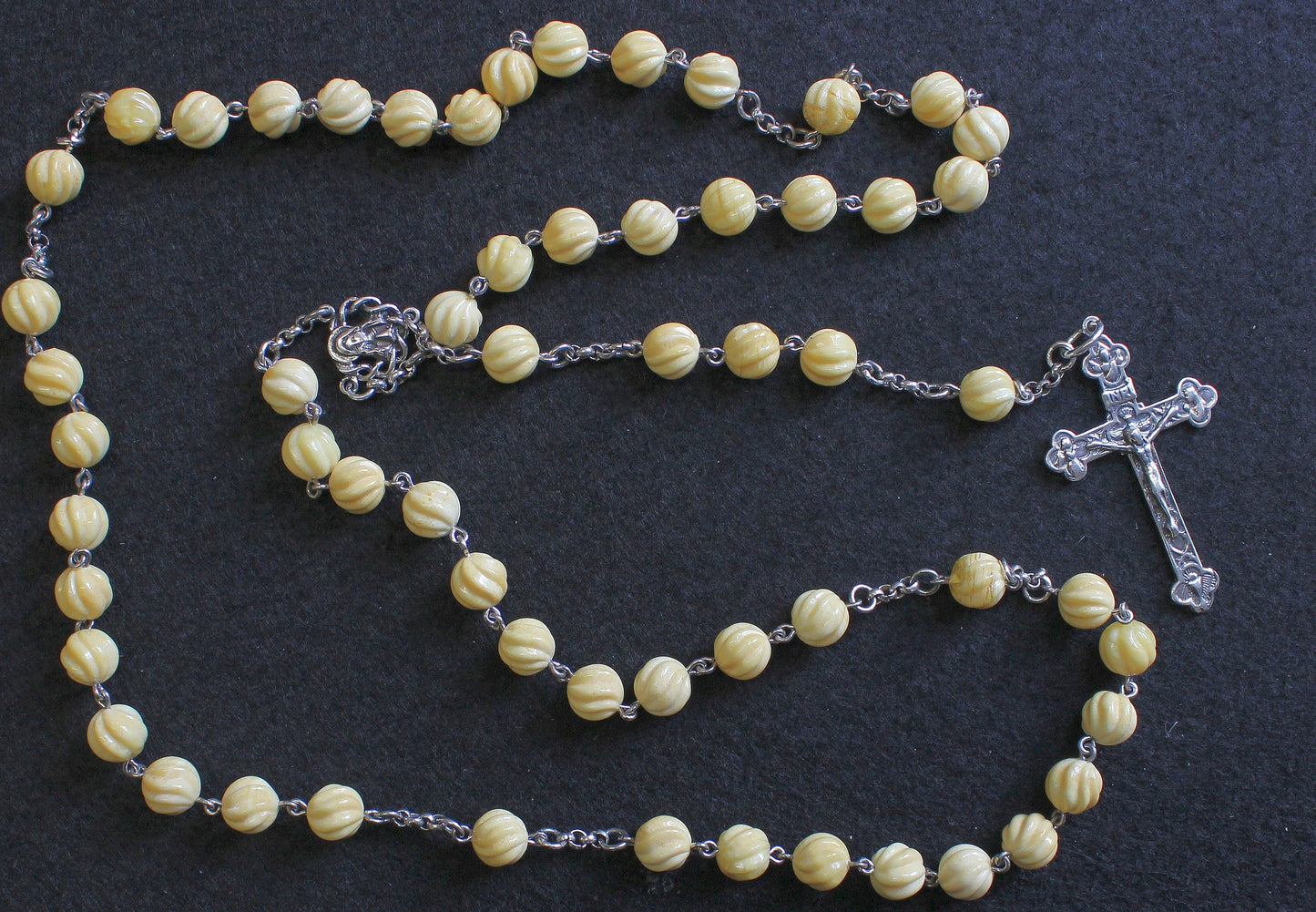 Vintage Catholic Rosary Carved Baltic Amber and Sterling in Leather & Sterling Box