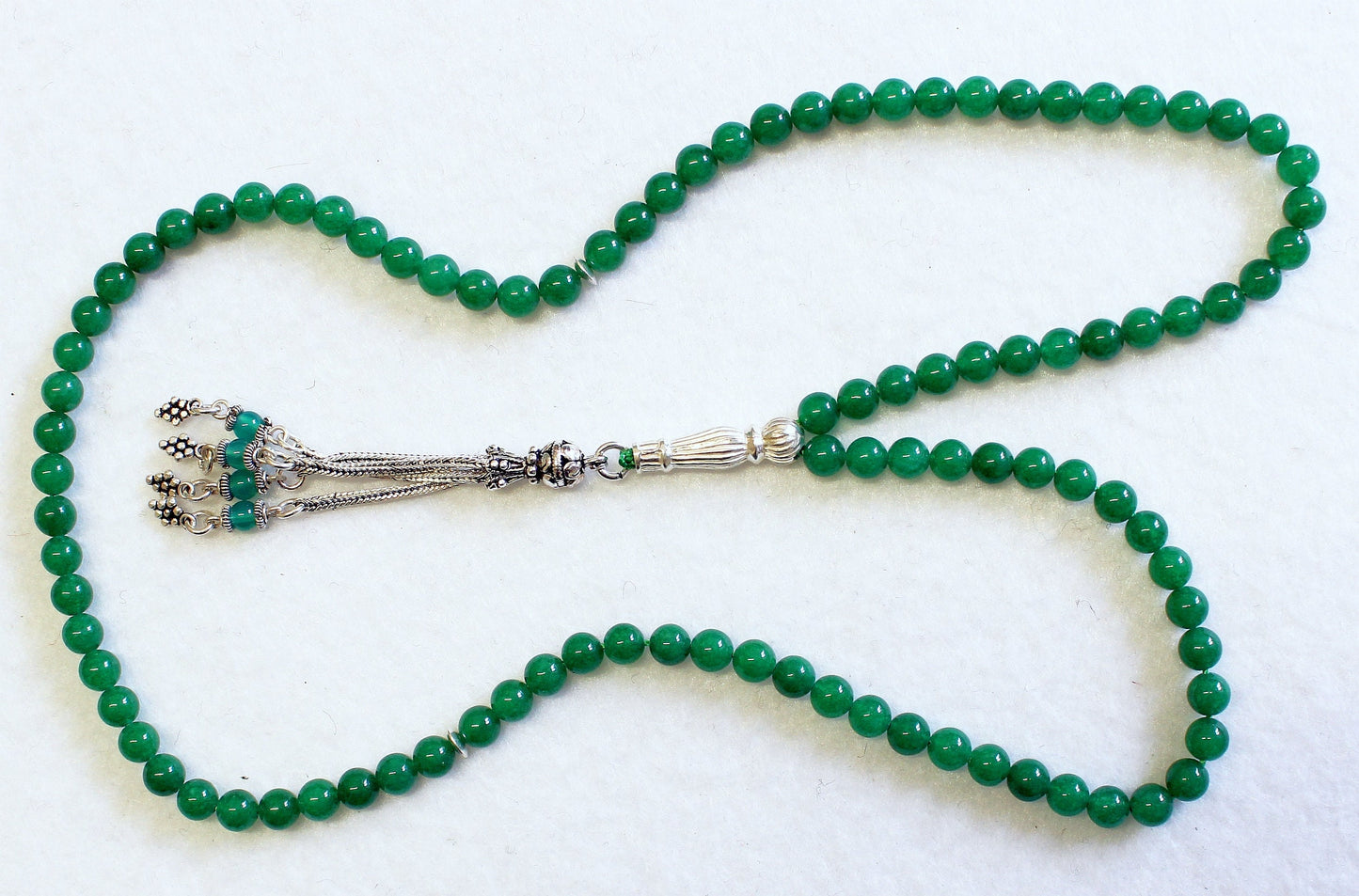 Islamic Prayer Beads Tesbih Gebetskette 99 Green Jade Beads & Sterling Silver