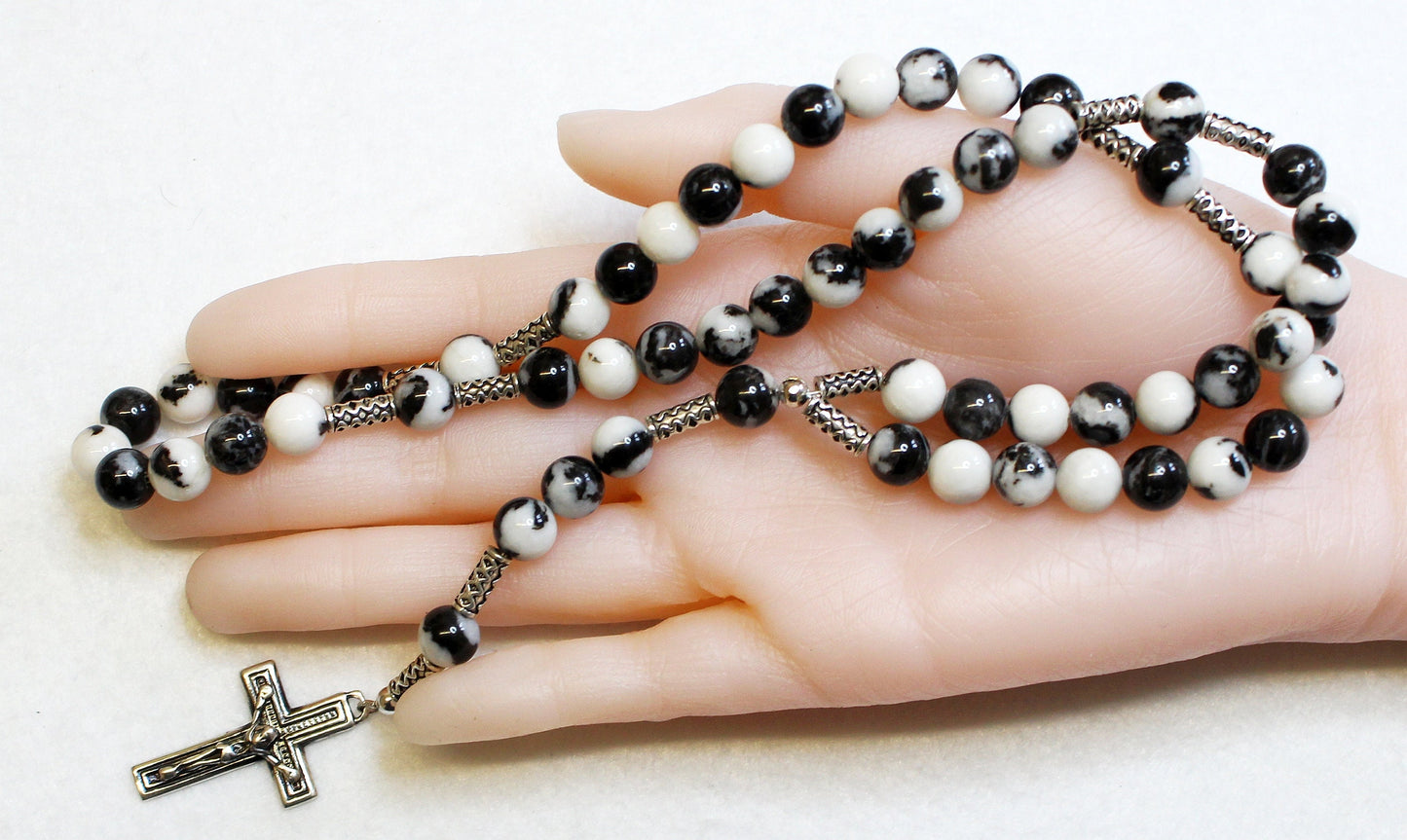 Catholic Rosary Prayer Beads Zebra Jade and Heavy Sterling Silver