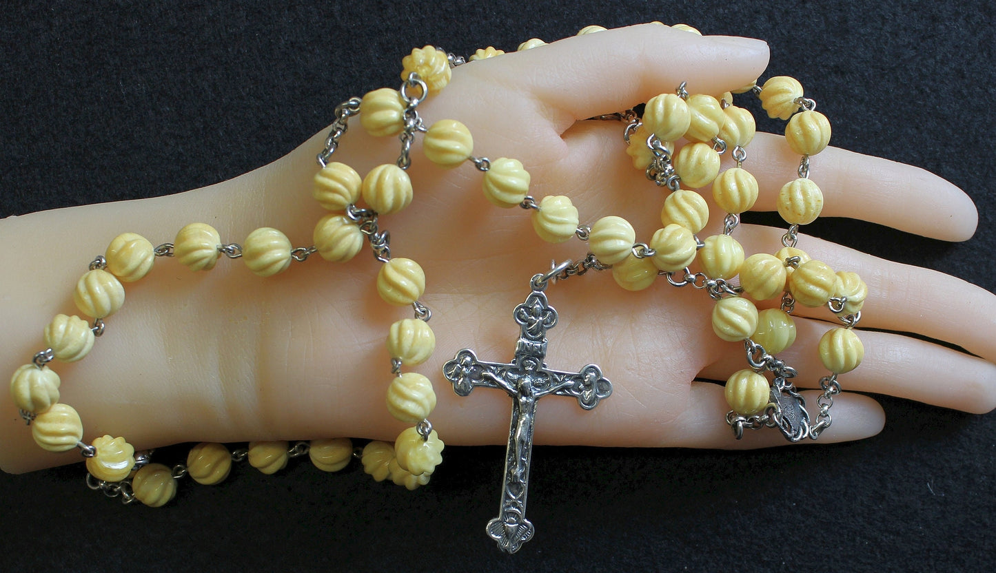 Vintage Catholic Rosary Carved Baltic Amber and Sterling in Leather & Sterling Box