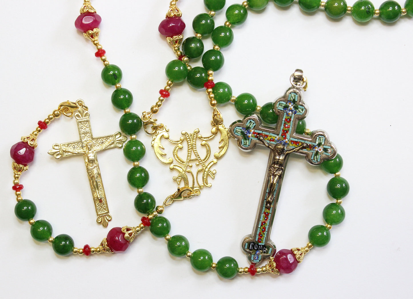 Catholic Rosary Emerald, Vermeil & Micro Mosaic, Wearable, 9 Uses, 2 crosses – RARE - UNIQUE