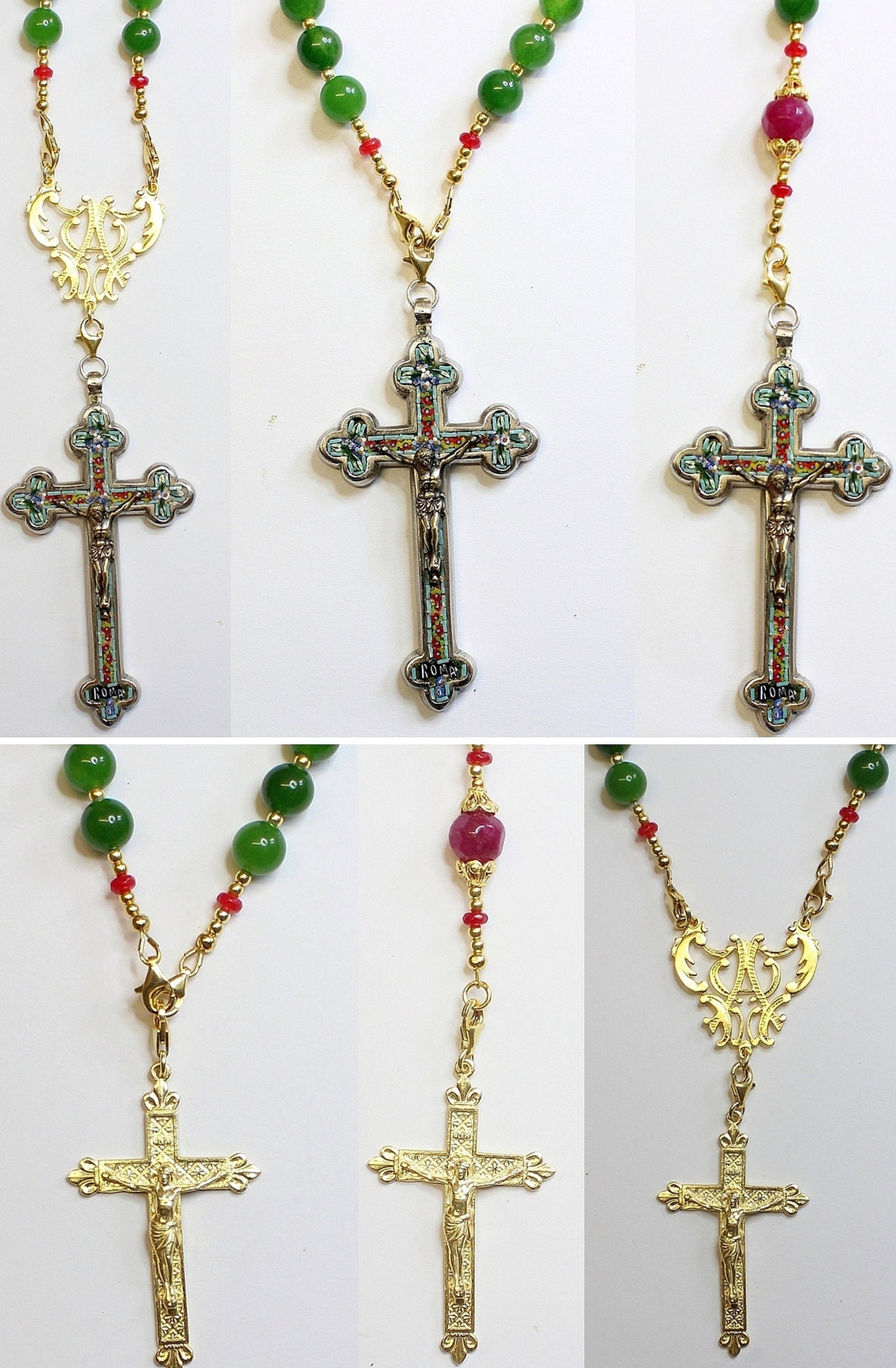 Catholic Rosary Emerald, Vermeil & Micro Mosaic, Wearable, 9 Uses, 2 crosses – RARE - UNIQUE