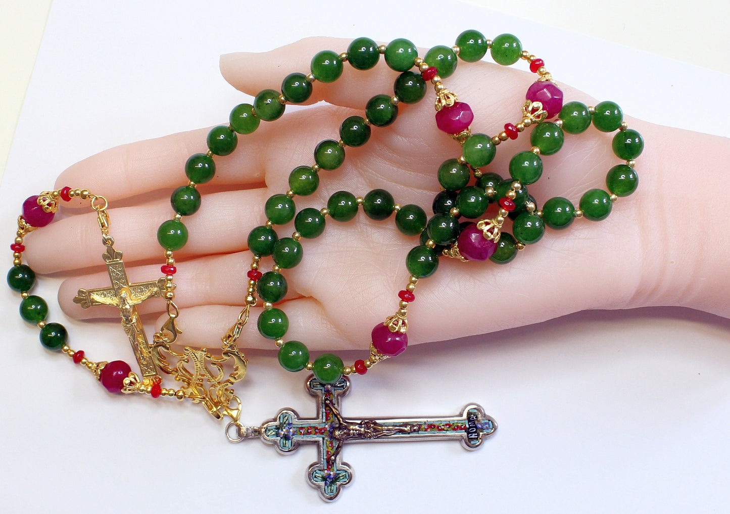 Catholic Rosary Emerald, Vermeil & Micro Mosaic, Wearable, 9 Uses, 2 crosses – RARE - UNIQUE