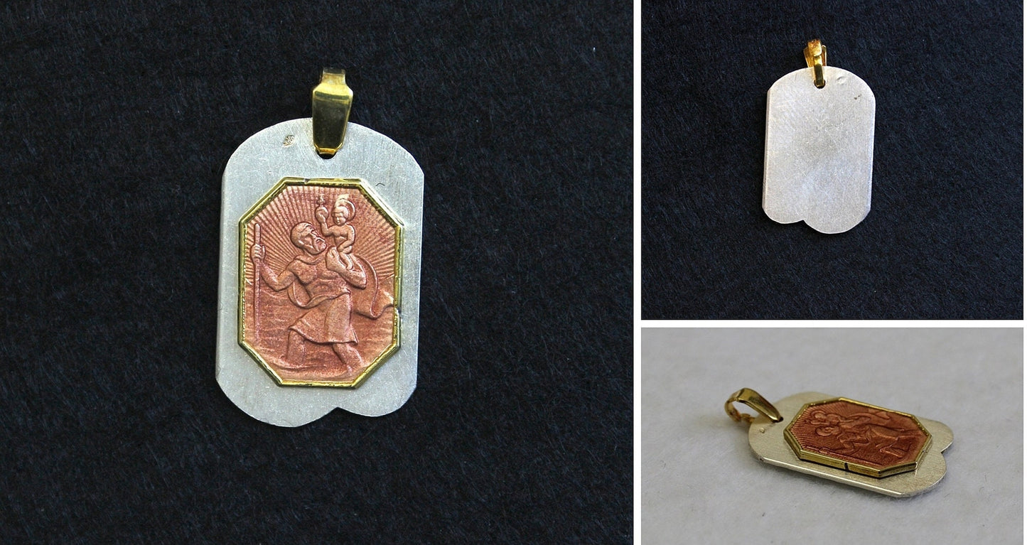 Vintage Catholic Medal St Christopher Enamel & Vermeil on Sterling Silver